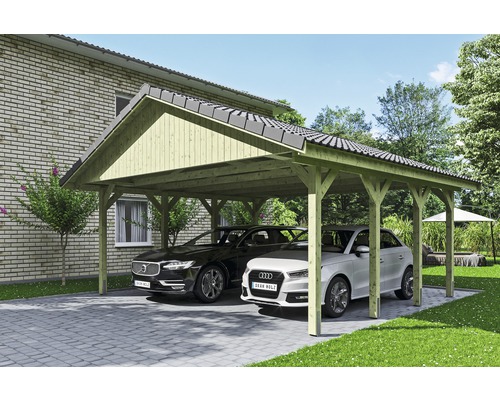 Carport double SKAN HOLZ Wallgau avec lattis et ancrage pour poteaux H 620 x 600 cm imprégné