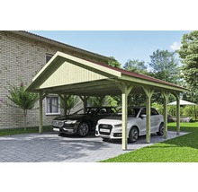 Carport double SKAN HOLZ Wallgau avec bardeaux rouges et ancrage pour poteaux 620 x 600 cm imprégné