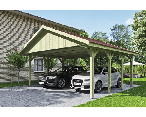 Carport double SKAN HOLZ Wallgau avec bardeaux rouges et ancrage pour poteaux 620 x 600 cm imprégné