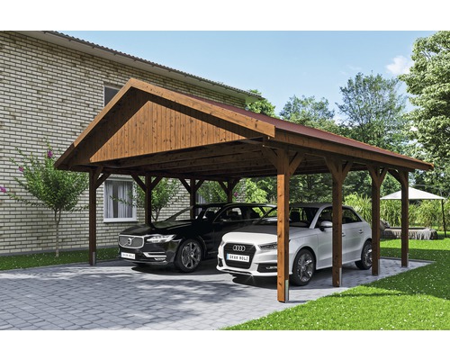 Carport double SKAN HOLZ Wallgau avec bardeaux rouges et ancrage pour poteaux H 620 x 600 cm noyer