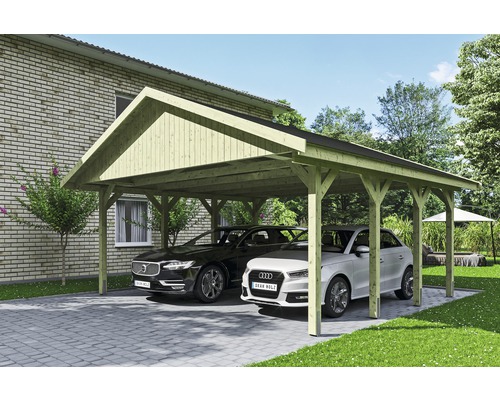 Carport double SKAN HOLZ Wallgau avec bardeaux noirs et ancrage pour poteaux 620 x 600 cm imprégné