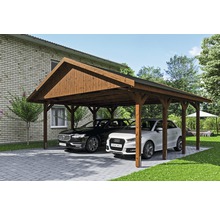 Carport double SKAN HOLZ Wallgau avec bardeaux noirs et ancrage pour poteaux H 620 x 600 cm noyer