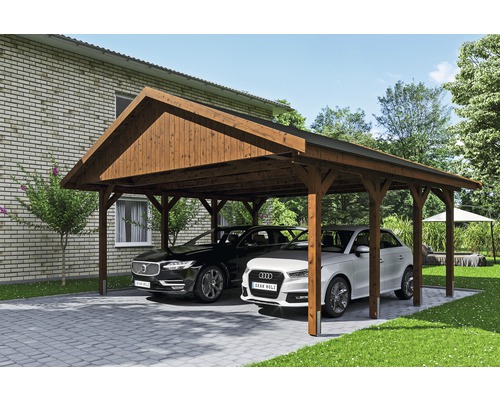 Carport double SKAN HOLZ Wallgau avec bardeaux noirs et ancrage pour poteaux H 620 x 600 cm noyer