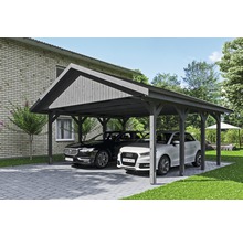 Doppelcarport aus Holz mit zwei parkenden Autos
