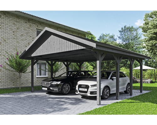 Carport double SKAN HOLZ Wallgau avec bardeaux noirs et ancrage pour poteaux H 620 x 600 cm gris