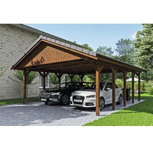 Doppelcarport SKAN HOLZ Wallgau inkl. Dachlattung und H-Pfostenanker 620 x 750 cm nussbaum