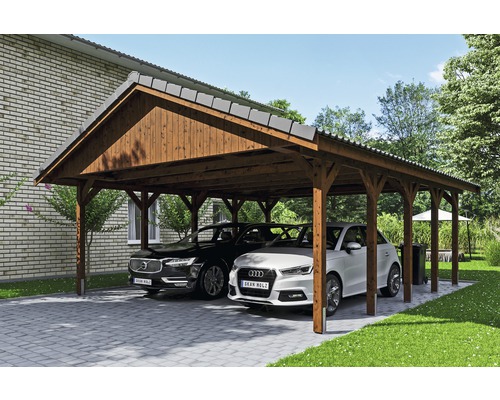 Carport double SKAN HOLZ Wallgau avec lattis et ancrage pour poteaux H 620 x 750 cm noyer