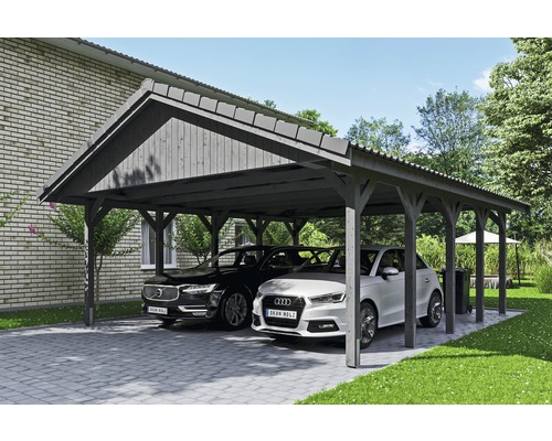 Carport double SKAN HOLZ Wallgau avec lattis et ancrage pour poteaux H 620 x 750 cm gris