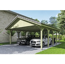 Carport double SKAN HOLZ Wallgau avec lattis et ancrage pour poteaux H 620 x 750 cm imprégné