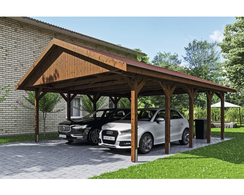 Carport double SKAN HOLZ Wallgau avec bardeaux rouges et ancrage pour poteaux H 620 x 750 cm noyer