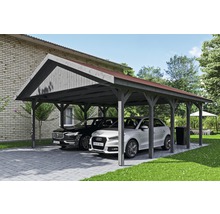 Doppelcarport aus Holz mit zwei geparkten Autos