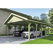 Double carport en bois avec deux voitures garées