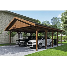Carport double SKAN HOLZ Wallgau avec bardeaux noirs et ancrage pour poteaux H 620 x 750 cm noyer