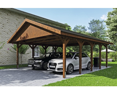 Carport double SKAN HOLZ Wallgau avec bardeaux noirs et ancrage pour poteaux H 620 x 750 cm noyer