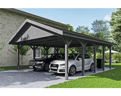 Carport double SKAN HOLZ Wallgau avec bardeaux noirs et ancrage pour poteaux H 620 x 750 cm gris