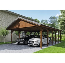 Doppelcarport aus Holz mit zwei parkenden Autos