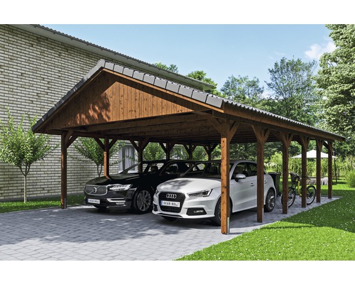 Carport double SKAN HOLZ Wallgau avec lattis et ancrage pour poteaux H 620 x 900 cm noyer