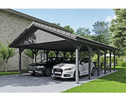 Doppelcarport SKAN HOLZ Wallgau inkl. Dachlattung und H-Pfostenanker 620 x 900 cm grau