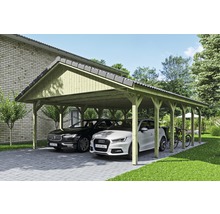 Carport double SKAN HOLZ Wallgau avec lattis et ancrage pour poteaux H 620 x 900 cm imprégné