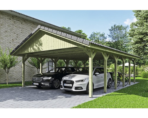 Carport double SKAN HOLZ Wallgau avec lattis et ancrage pour poteaux H 620 x 900 cm imprégné