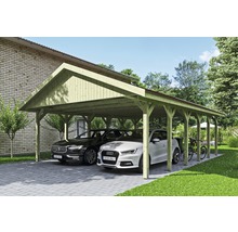 Doppelcarport aus Holz mit zwei Autos und einem Fahrrad