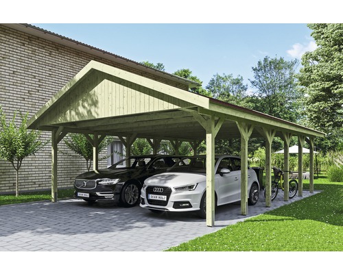 Carport double SKAN HOLZ Wallgau avec bardeaux rouges et ancrage pour poteaux 620 x 900 cm imprégné