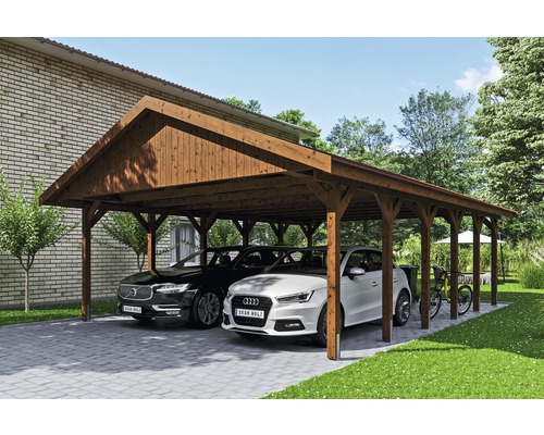 Carport double SKAN HOLZ Wallgau avec bardeaux rouges et ancrage pour poteaux H 620 x 900 cm noyer