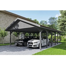 Doppelcarport aus Holz mit zwei Autos und einem Fahrrad