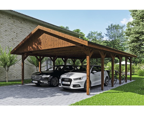 Carport double SKAN HOLZ Wallgau avec bardeaux noirs et ancrage pour poteaux H 620 x 900 cm noyer