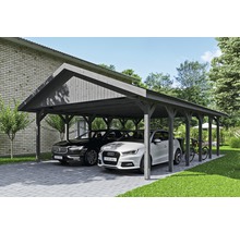 Doppelcarport aus Holz mit zwei geparkten Autos und einem Fahrrad