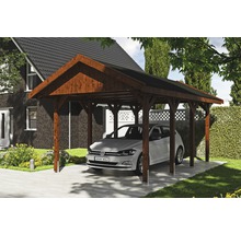 Carport simple SKAN HOLZ Wallgau avec bardeaux noirs et ancrage pour poteaux H 380 x 600 cm noyer