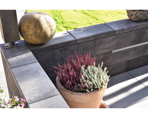 Gartenszene mit Mauer, Kugel und Topf mit Heidekraut