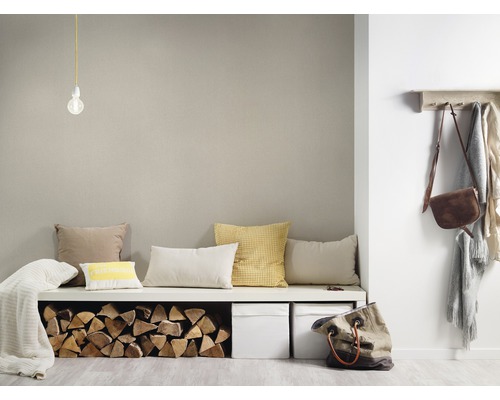 Espace de vie avec banquette, coussins, bûches, boîtes de rangement, vestiaire et accessoires.