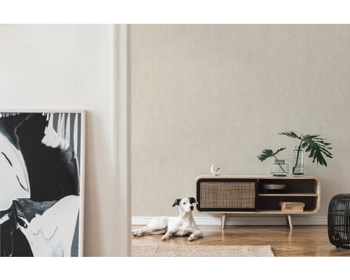 Heller Raum mit gemusterter Tapete, einem Lowboard, Zimmerpflanzen und einem Hund