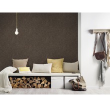 Wohnzimmer mit brauner Wandtapete, Sitzbank, Kissen, Holzscheiten, Aufbewahrungsboxen, Lampe und Garderobe.
