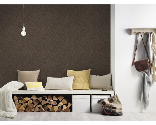 Wohnzimmer mit brauner Wandtapete, Sitzbank, Kissen, Holzscheiten, Aufbewahrungsboxen, Lampe und Garderobe.