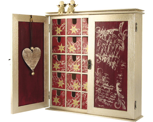Geöffneter Adventskalender aus Holz mit kleinen Schubladen und weihnachtlichen Motiven
