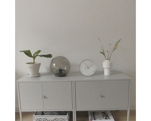 Buffet avec plante d''intérieur, lampe de table, horloge et vase