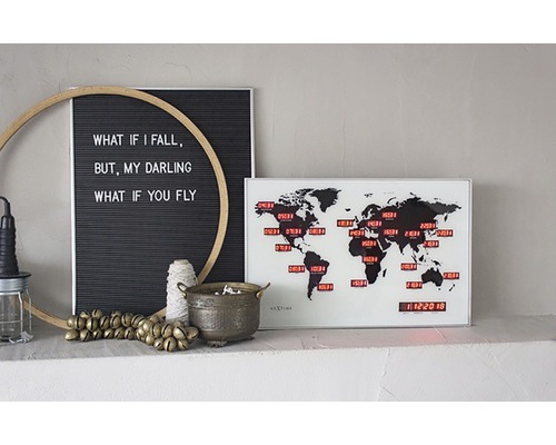 Dekorative Szene mit Weltzeituhr und Zitat-Tafel