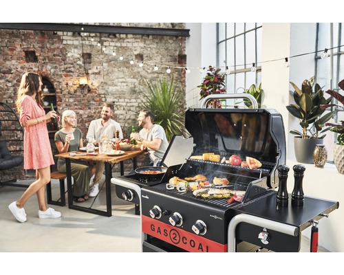 Szene im Freien mit einem Gas-Kohle-Grill, einer Gruppe von Personen, die an einem Tisch sitzen, und Pflanzen