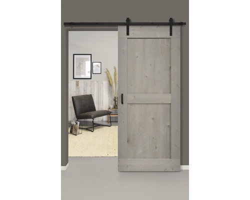 Schiebetür-Komplettset Barn Door Vintage grau grundiert MidBar gerade 95x215 cm inkl. Türblatt,Schiebetürbeschlag,Abstandshalter 35mm und Griff-Set-0