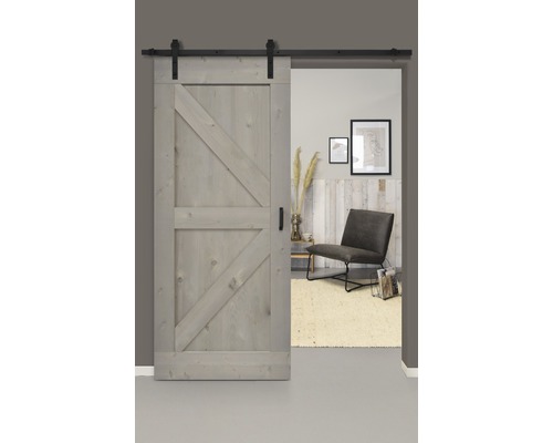 Set complet pour porte coulissante Barn Door Vintage Wales gris droit 95x215 cm avec vantail, ferrure pour porte coulissante et jeu de poignées