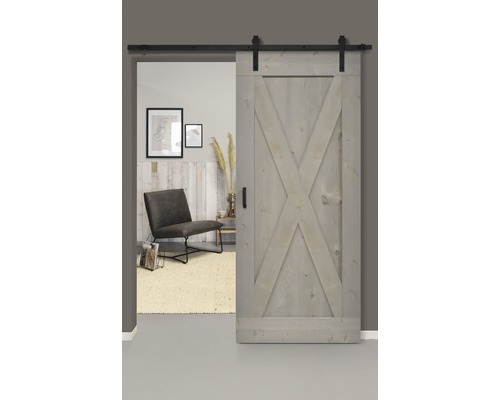 Set complet pour porte coulissante Barn Door Vintage XBrace gris droit 95x215 cm avec vantail, ferrure pour porte coulissante et jeu de poignées