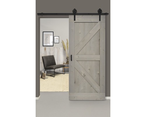 Schiebetür-Komplettset Barn Door Vintage grau grundiert British Speichen 95x215 cm inkl. Türblatt,Schiebetürbeschlag,Abstandshalter 40 mm und Griff-Set