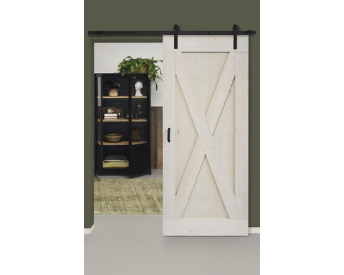 Set complet pour porte coulissante Barn Door Vintage XBrace blanc droit 95x215 cm avec vantail, ferrure pour porte coulissante et jeu de poignées