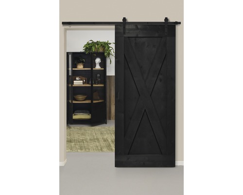 Set complet pour porte coulissante Barn Door Vintage XBrace noir droit 95x215 cm avec vantail, ferrure pour porte coulissante et jeu de poignées