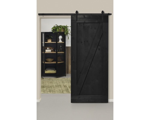 Schiebetür-Komplettset Barn Door Vintage schwarz grundiert ZBrace gerade 95x215 cm inkl. Türblatt,Schiebetürbeschlag,Abstandshalter 35mm und Griff-Set