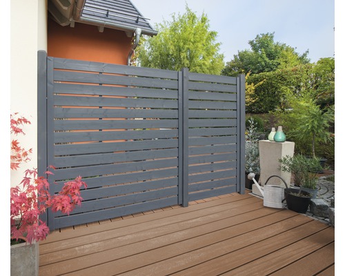 Scène de jardin avec des éléments de protection visuelle en bois sur une terrasse