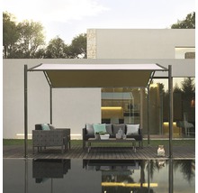 Scène de jardin avec pavillon, canapé, fauteuil et table au bord de la piscine
