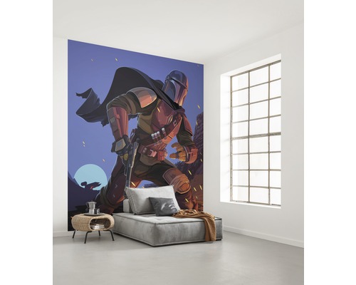 Papier peint avec un motif de Mandalorien dans une pièce aménagée de façon moderne